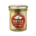 Jar of Ortiz sardines with a red label on a white background