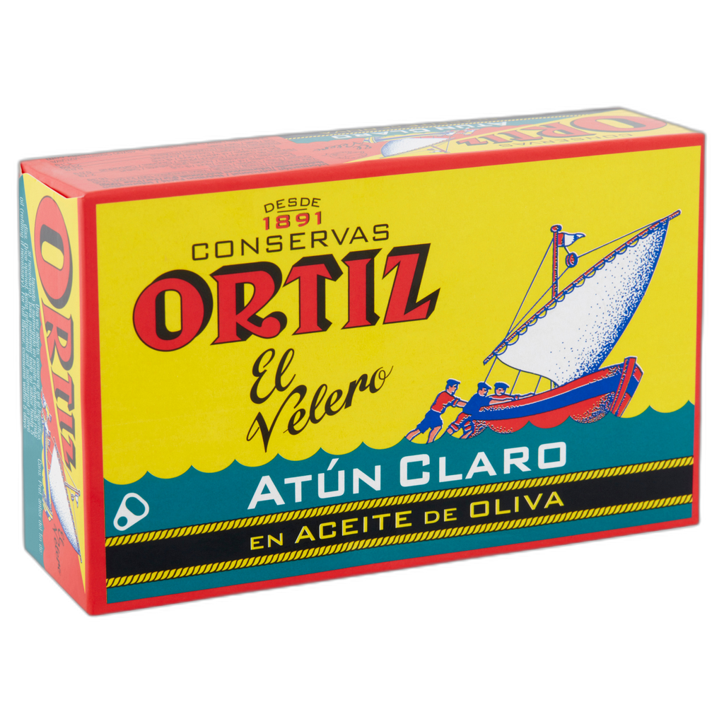 Ortiz tuna can box with a colorful design and boat illustration on a white background