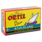 Ortiz tuna can box with a colorful design and boat illustration on a white background