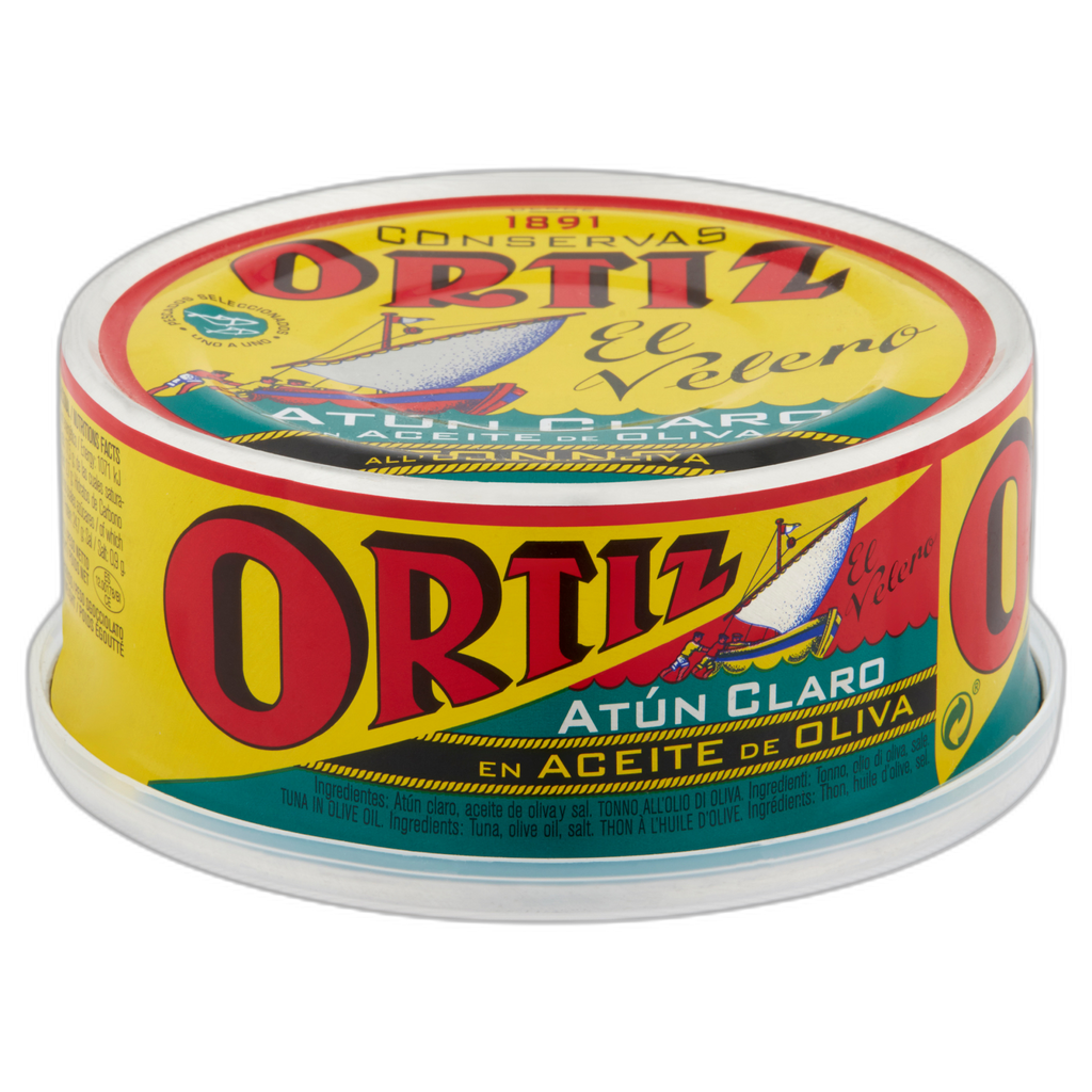 Canned tuna with Ortiz brand label on a white background