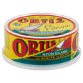 Canned tuna with Ortiz brand label on a white background