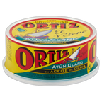 Canned tuna with Ortiz brand label on a white background