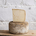 Cheese wheel with a piece of cheese on top against a textured white background