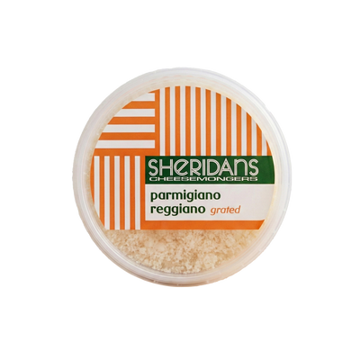 Tub of Sheridans grated Parmigiano Reggiano from above