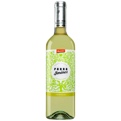 A bottle of Ametista Parra Jiménez Verdejo white wine, featuring a white label with green floral patterns and a silver foil cap, set against a plain white background.