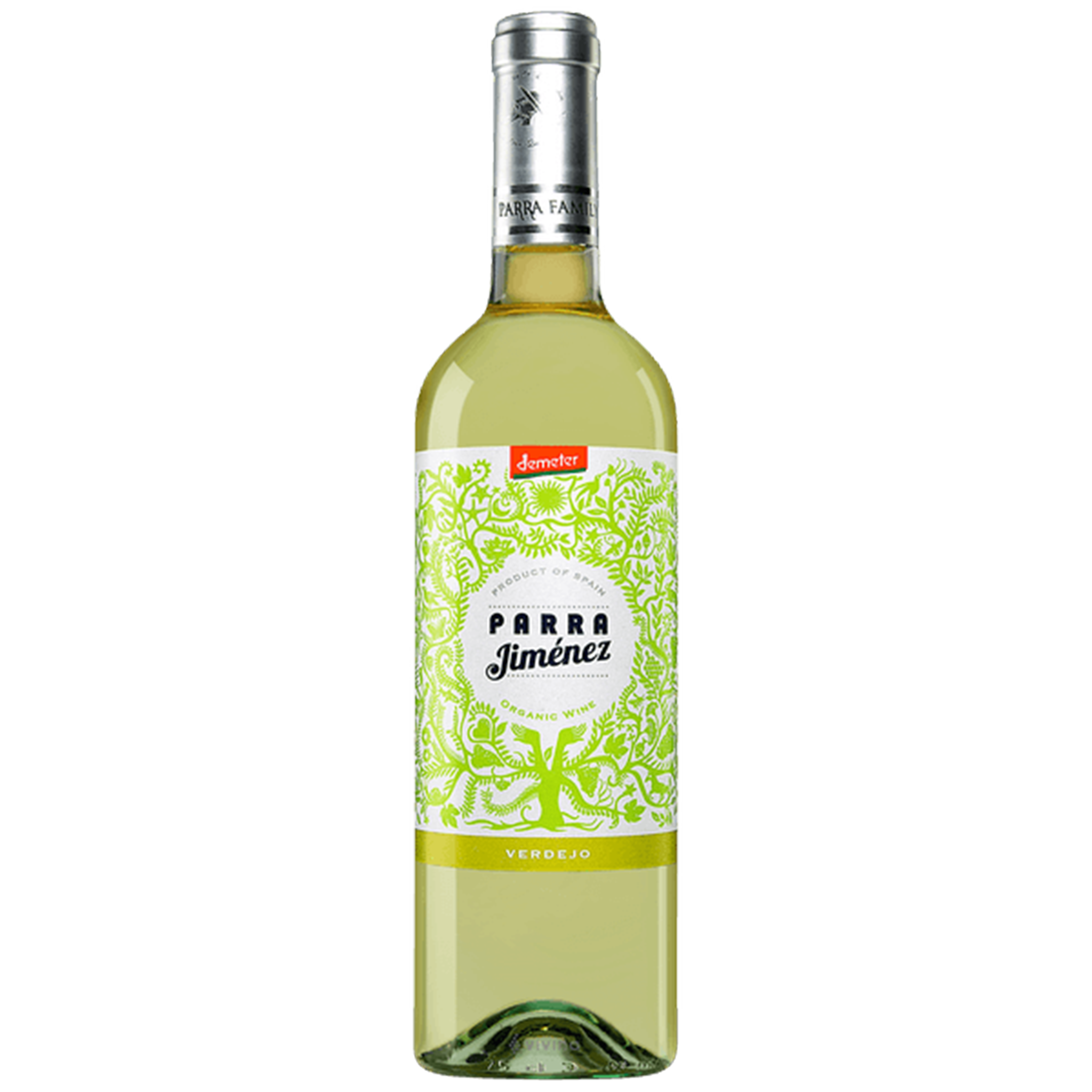 A bottle of Ametista Parra Jiménez Verdejo white wine, featuring a white label with green floral patterns and a silver foil cap, set against a plain white background.