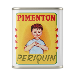 Vintage-style can of Pimenton Periquin with a child illustration on a white background