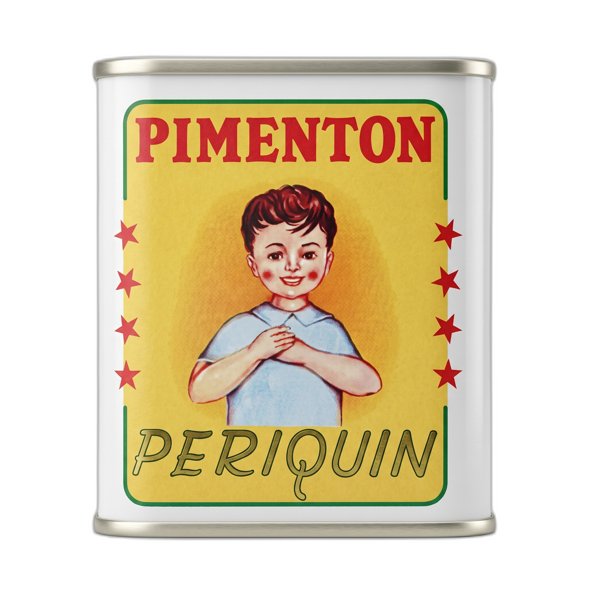Vintage-style can of Pimenton Periquin with a child illustration on a white background