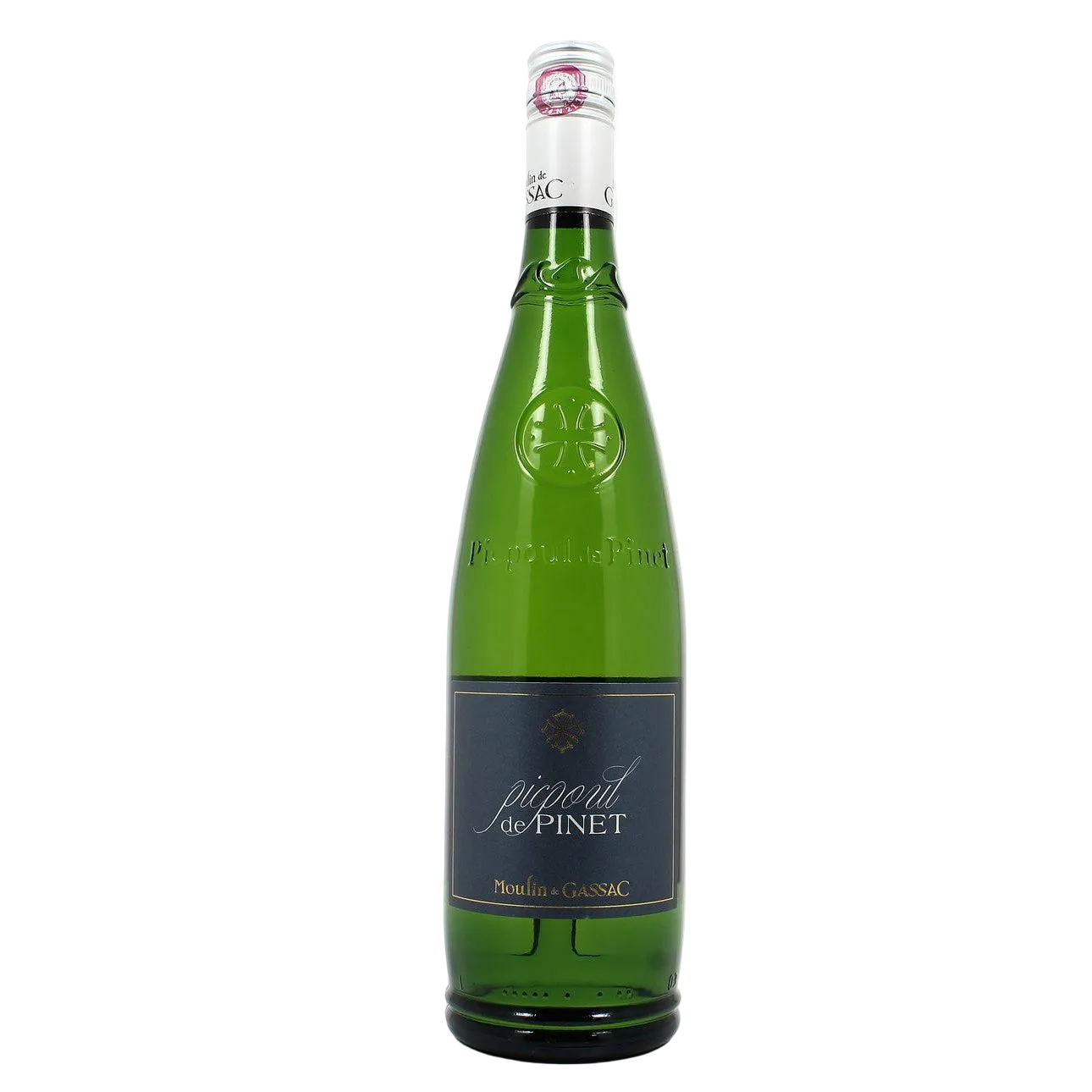 Green wine bottle with a label on a white background