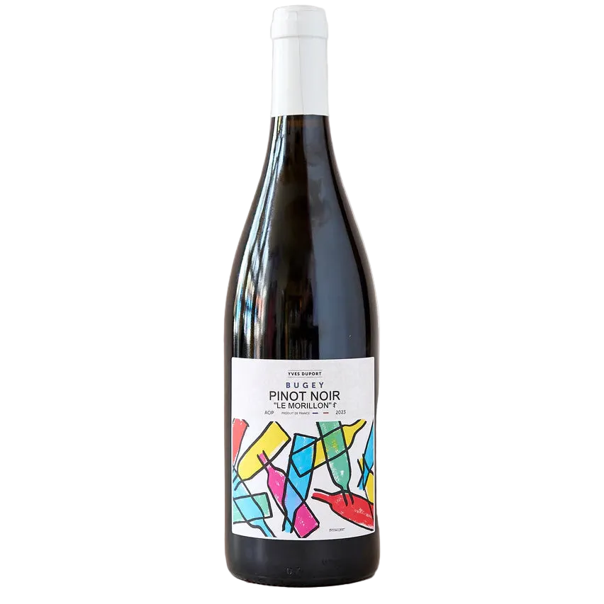 Wine bottle with a colorful label on a white background