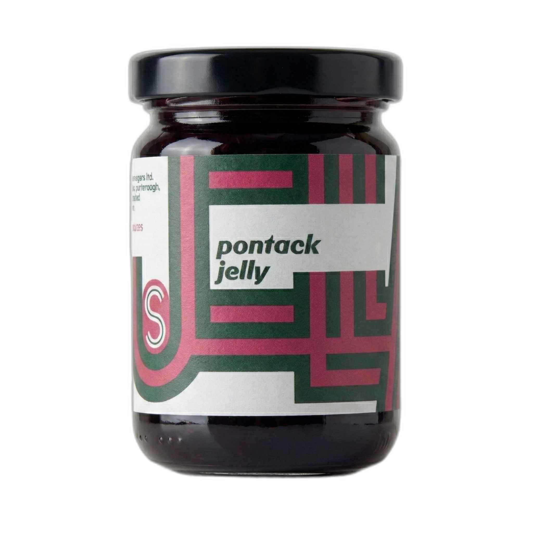 Jar of pontack jelly with a decorative label on a white background