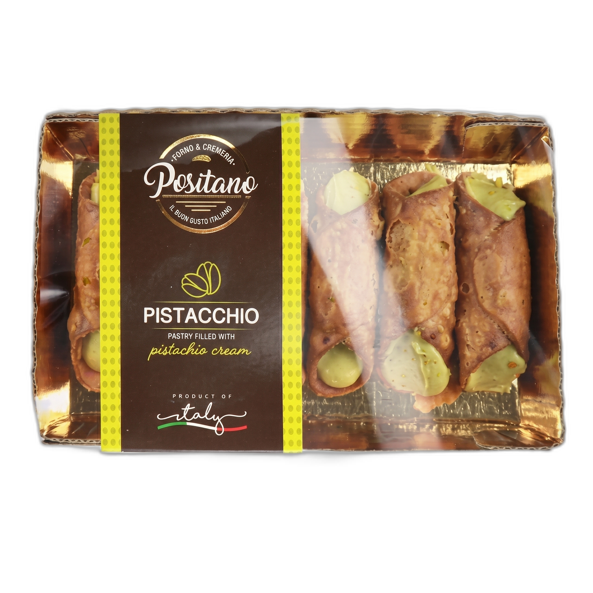 Packaged pastry with pistachio cream from Positano on a white background