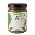 Jar of organic basil pesto with a Prunotto label on a white background