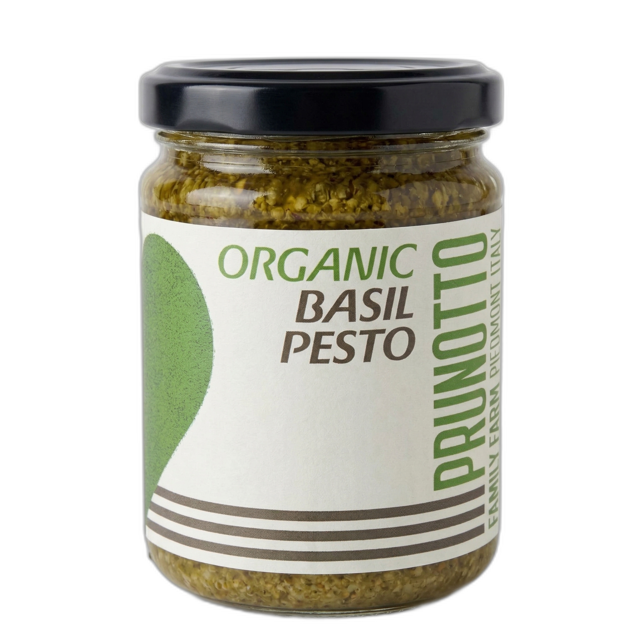 Jar of organic basil pesto with a Prunotto label on a white background