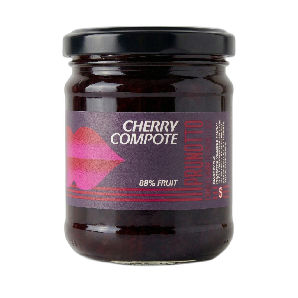 Jar of cherry compote with a label on a white background