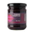 Jar of cherry compote with a label on a white background