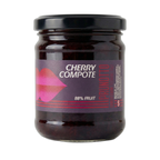 Jar of cherry compote with a label on a white background