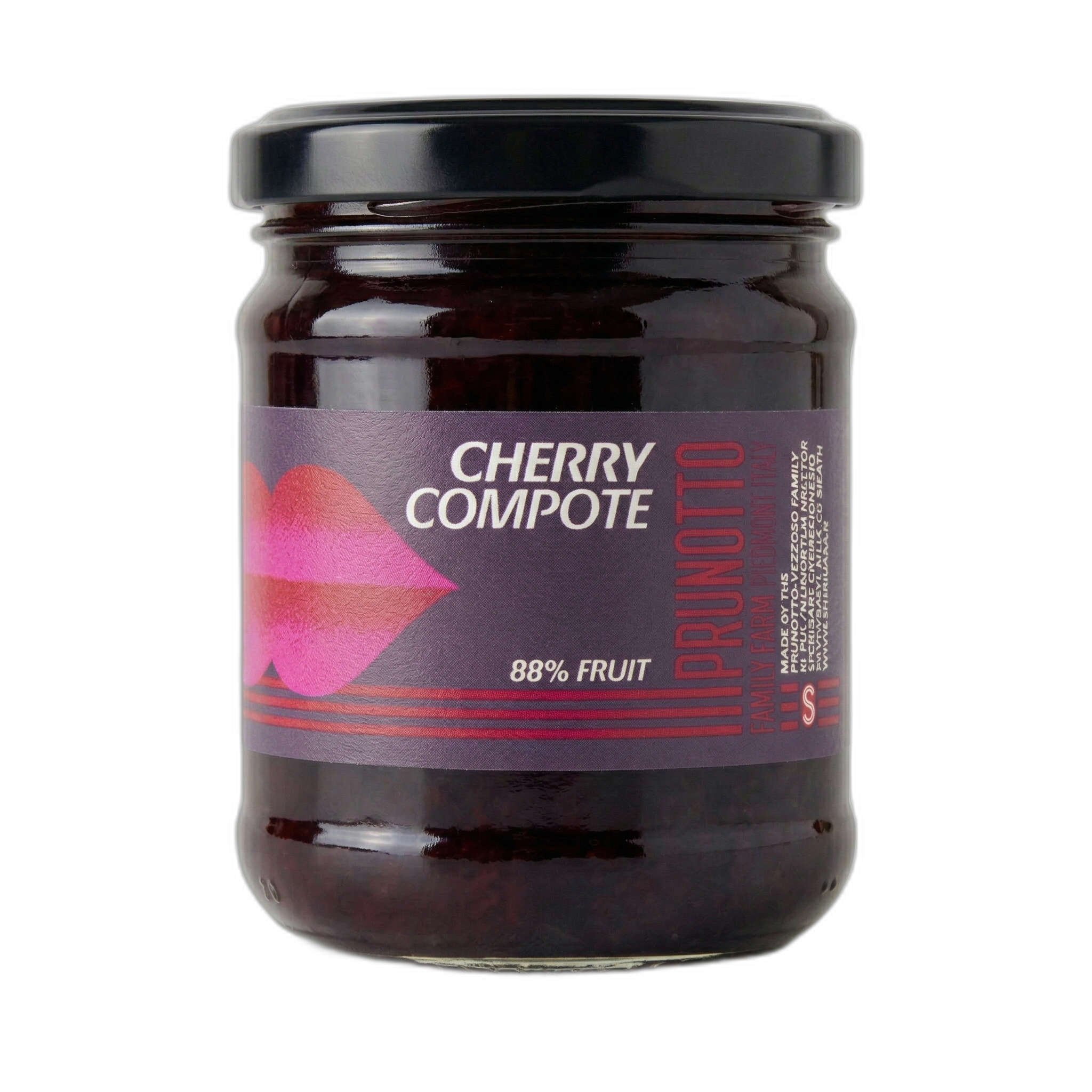Jar of cherry compote with a label on a white background