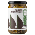 Jar of grilled artichokes with Prunotto label on a white background