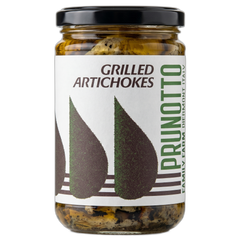 Jar of grilled artichokes with Prunotto label on a white background