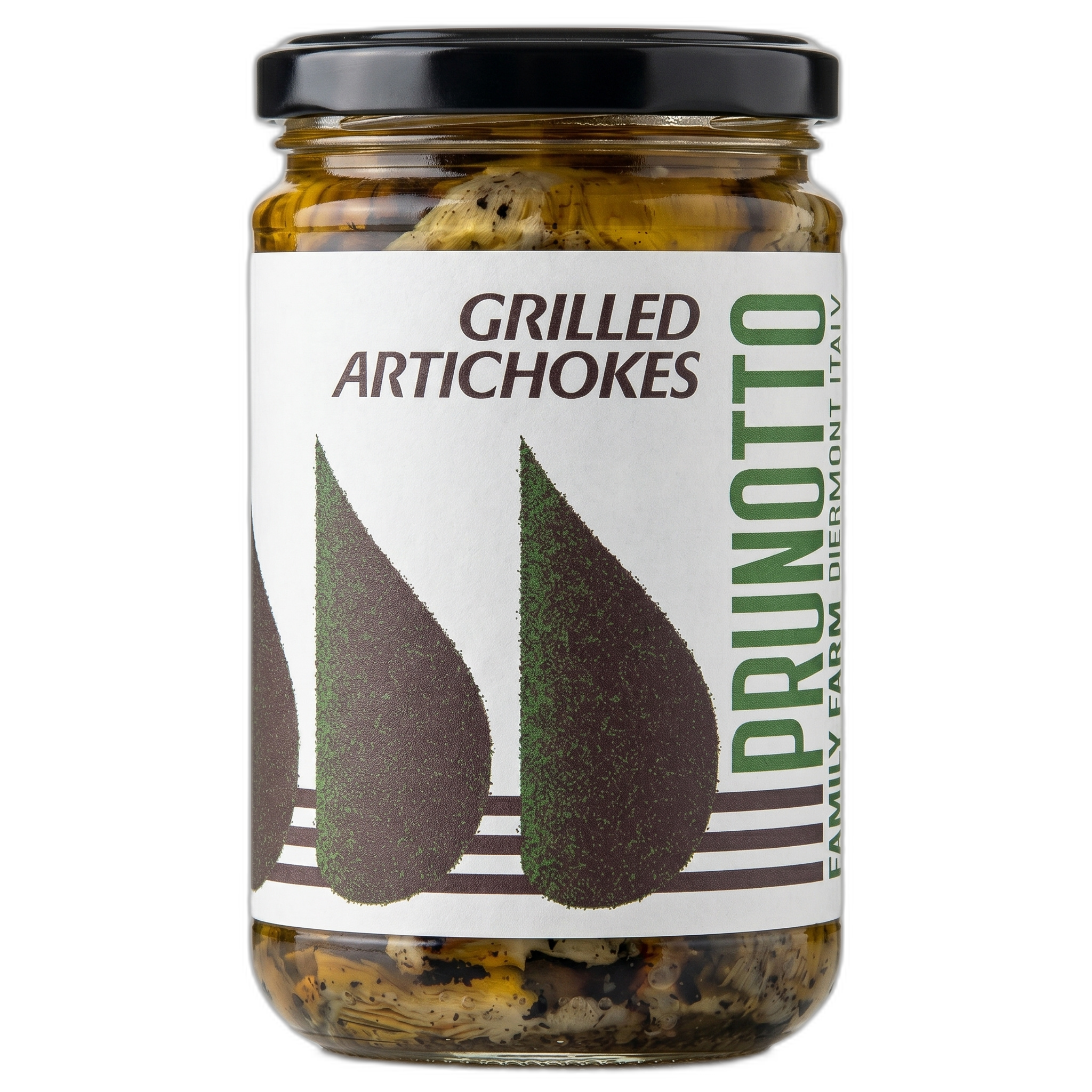 Jar of grilled artichokes with Prunotto label on a white background