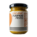 Jar of organic pumpkin pesto with Prunotto label on a white background