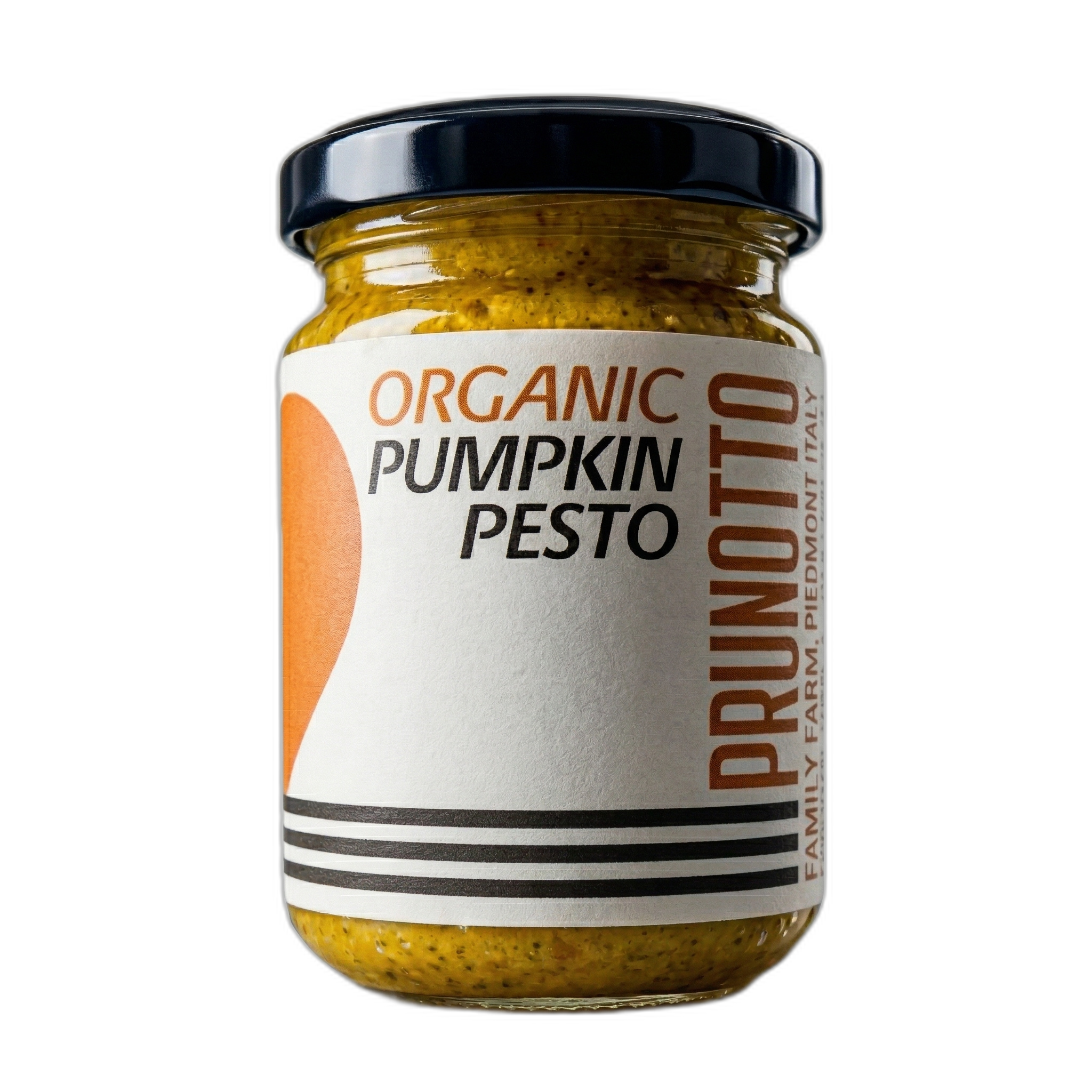 Jar of organic pumpkin pesto with Prunotto label on a white background