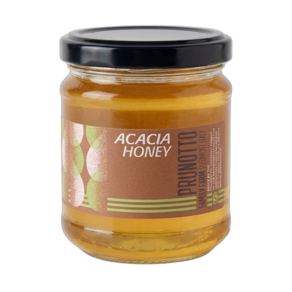 Jar of Acacia Honey with Prunotto label on a white background