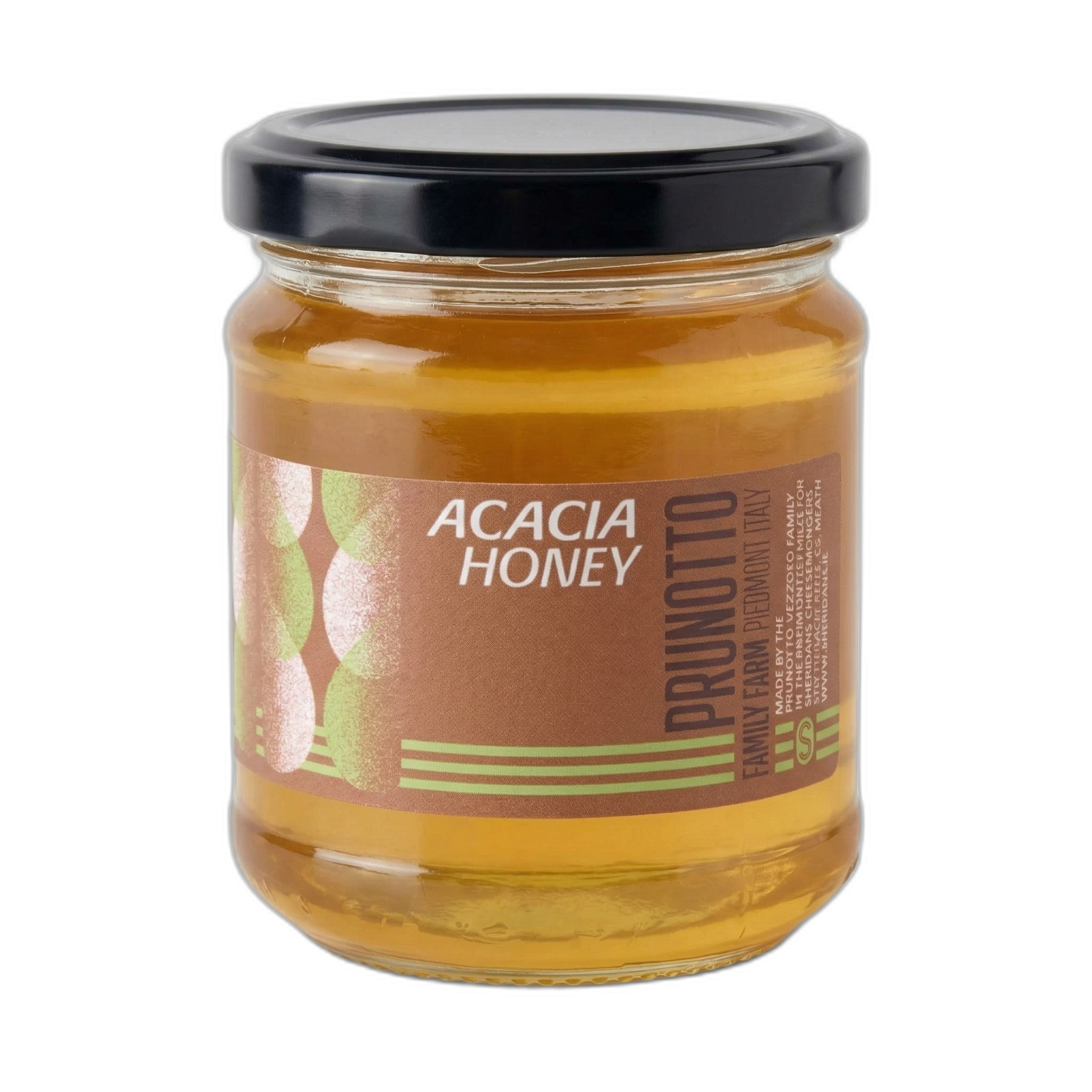 Jar of Acacia Honey with Prunotto label on a white background