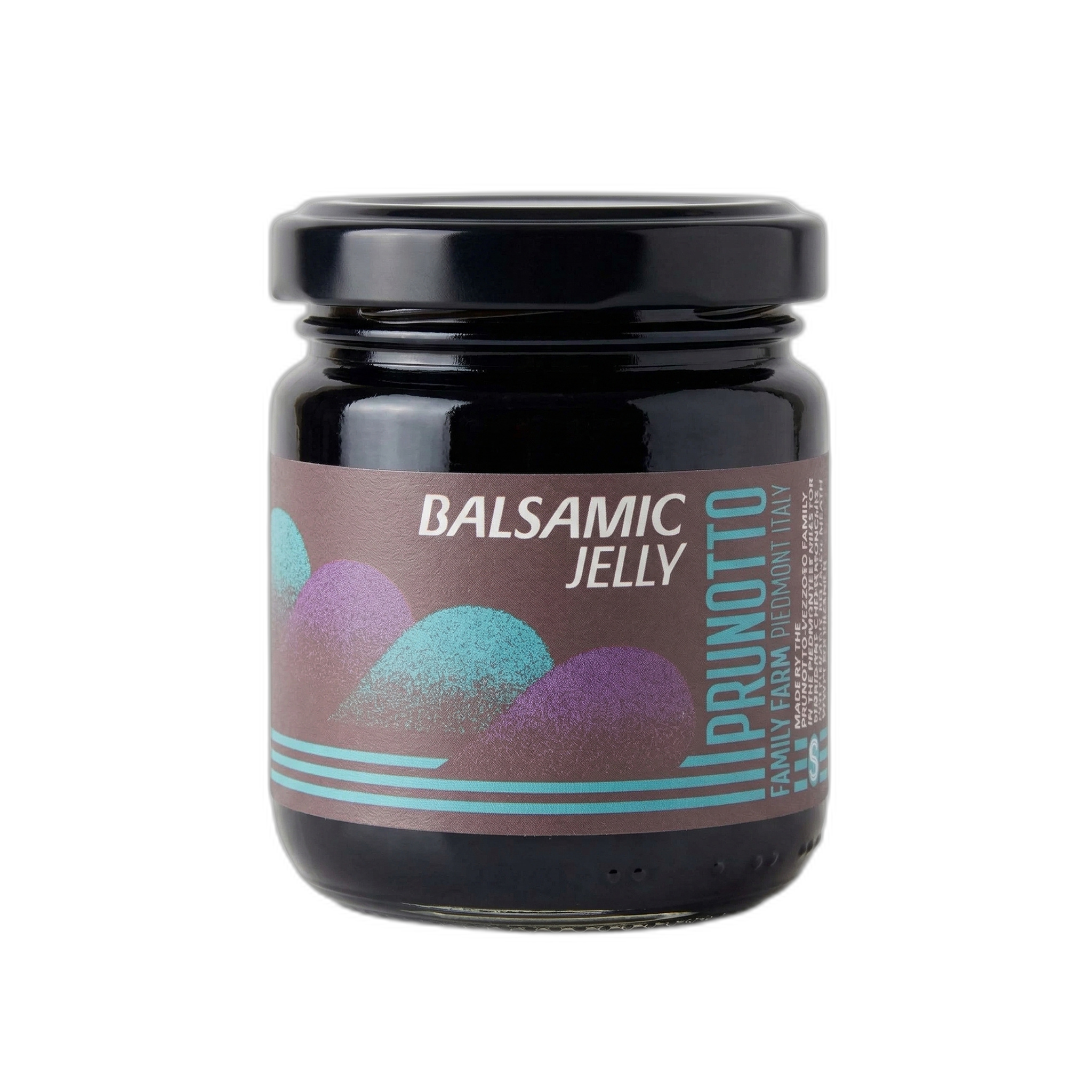Jar of balsamic jelly with a decorative label on a white background