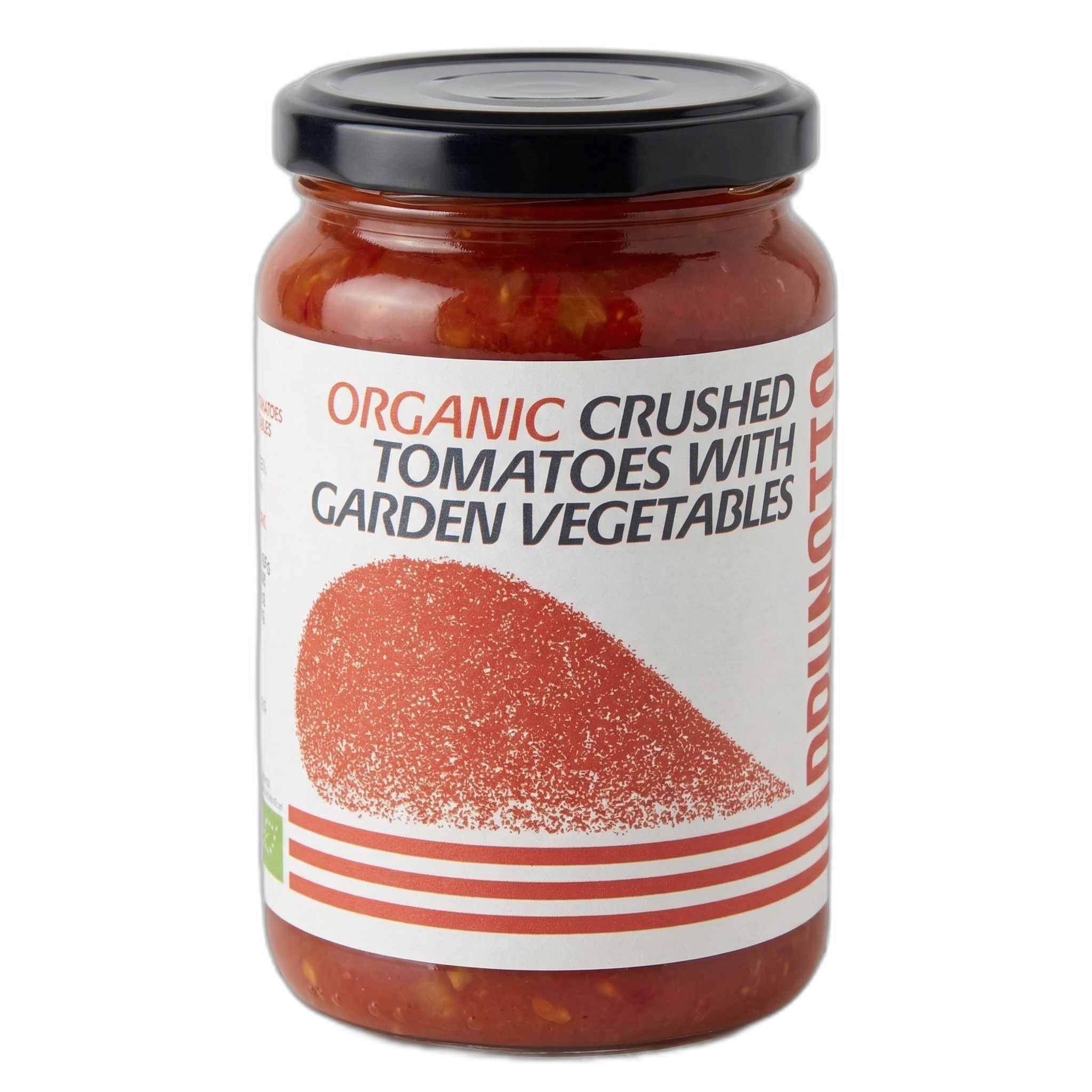 Jar of organic crushed tomatoes with garden vegetables on a white background