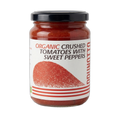 Jar of organic crushed tomatoes with sweet peppers on a white background