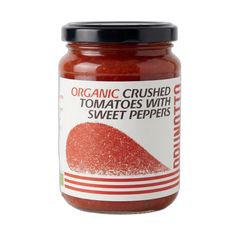 Jar of organic crushed tomatoes with sweet peppers on a white background
