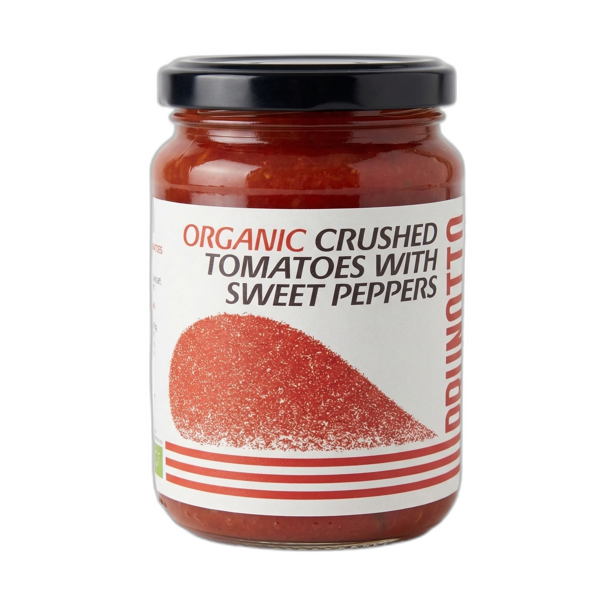 Jar of organic crushed tomatoes with sweet peppers on a white background