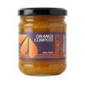 Jar of Orange Compote with a black lid on a white background