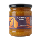 Jar of Orange Compote with a black lid on a white background