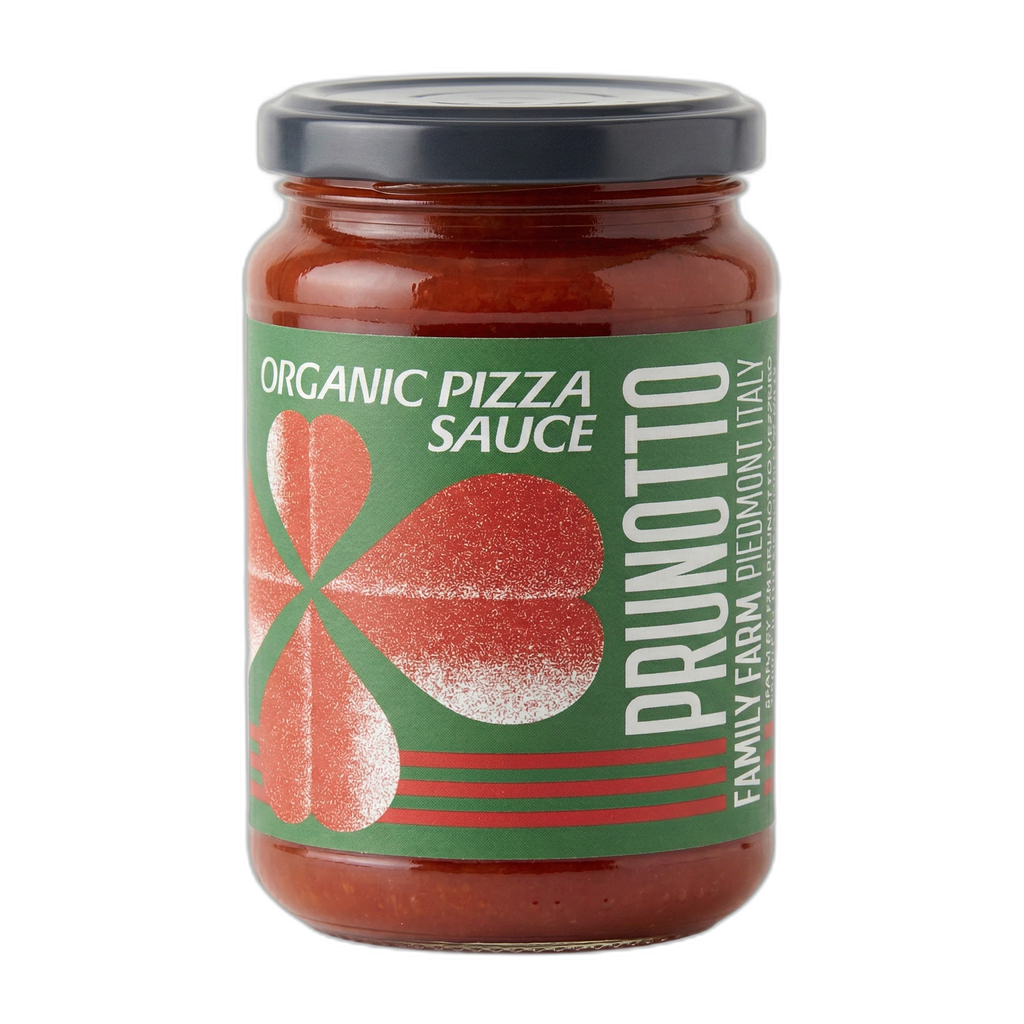 Jar of organic pizza sauce with Prunotto label on a white background