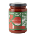 Jar of organic pizza sauce with Prunotto label on a white background