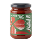 Jar of organic pizza sauce with Prunotto label on a white background