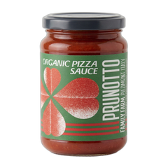 Jar of organic pizza sauce with Prunotto label on a white background