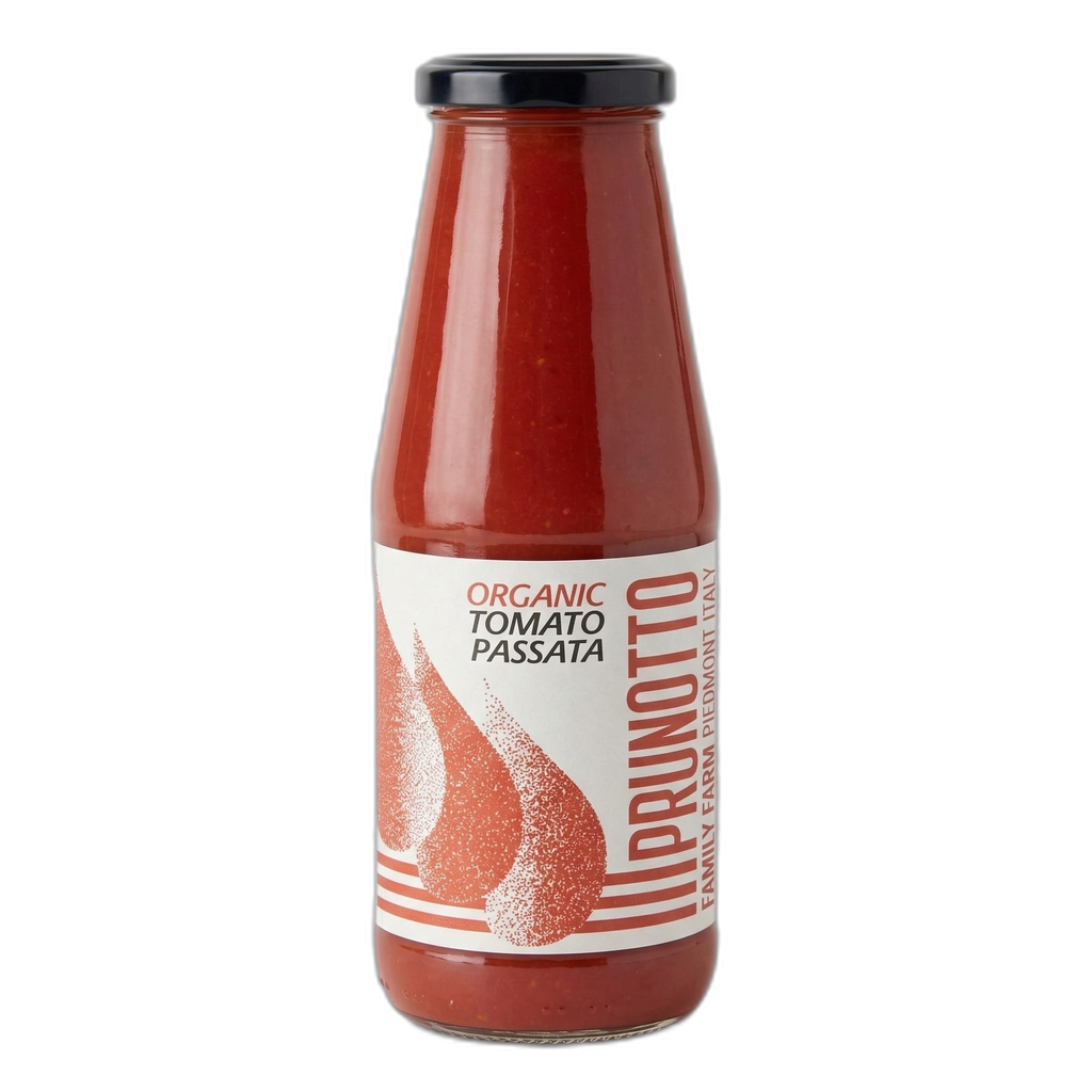 Bottle of Prunotto Organic Tomato Passata on a white background