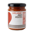 Jar of organic red pesto with prunotto label on a white background