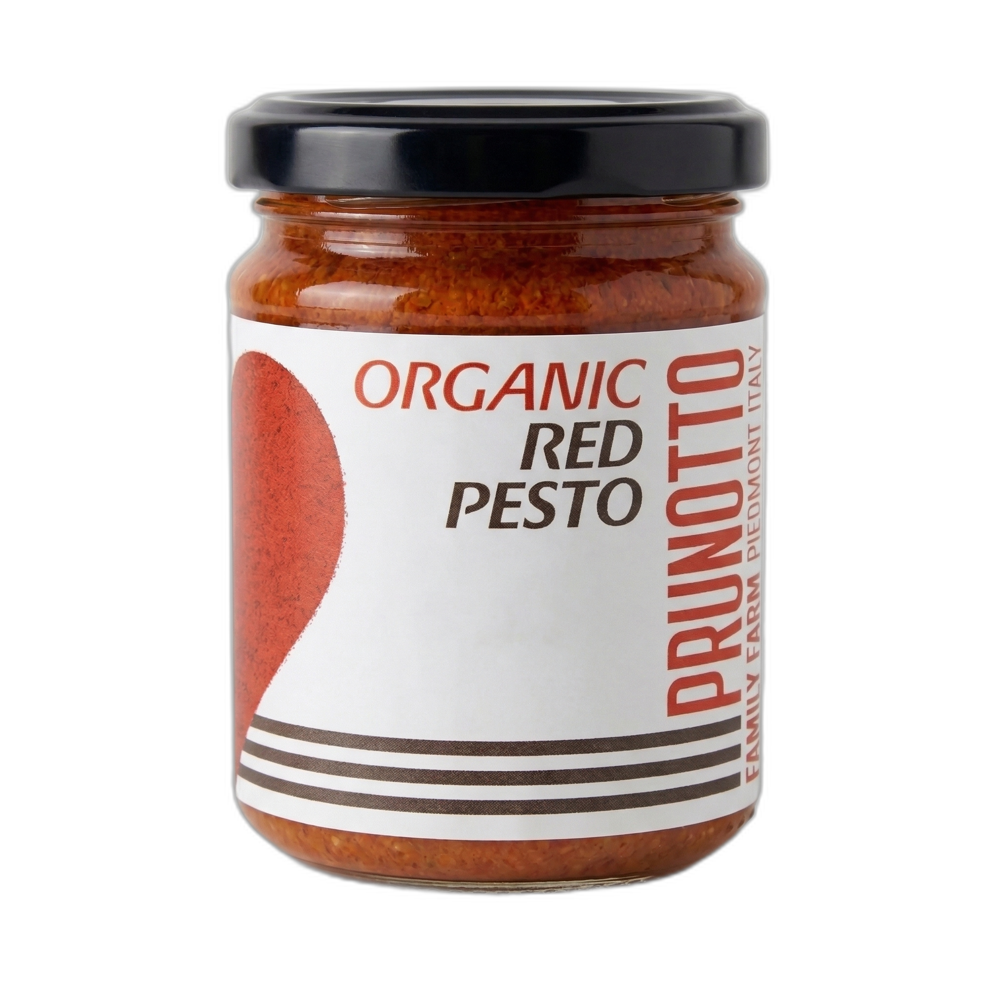 Jar of organic red pesto with prunotto label on a white background