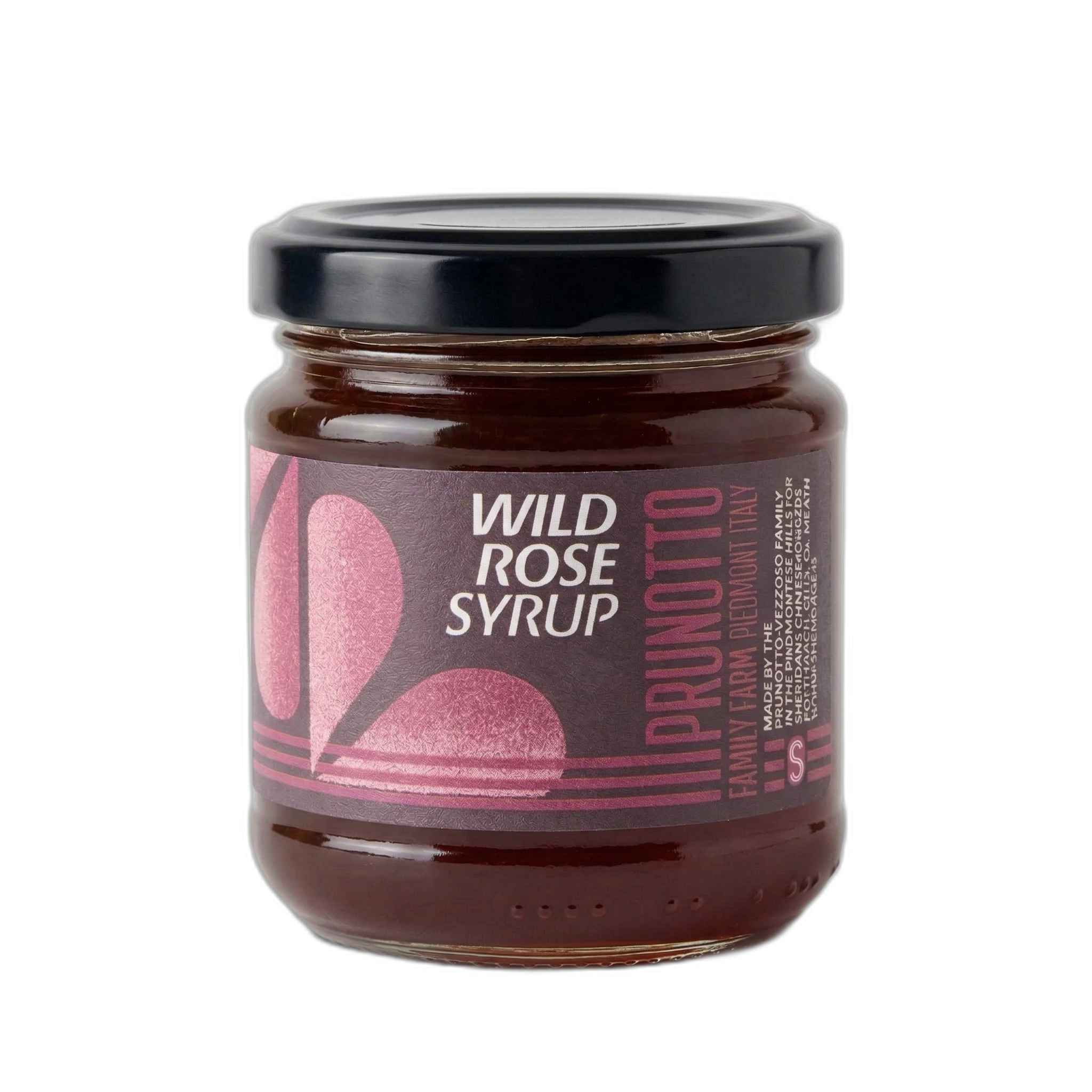 Jar of Prunotto Wild Rose Syrup on a white background