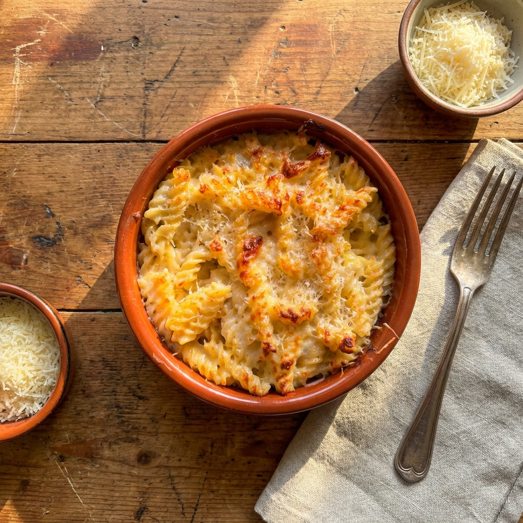 Bowl of macaroni and cheese on a wooden table with a fork and Parmesan cheese.