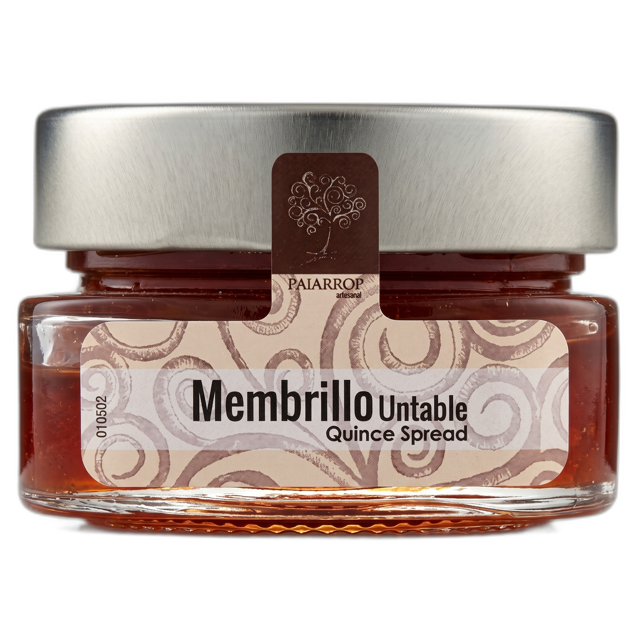 Jar of Membrillo Untable Quince Spread with a silver lid on a white background