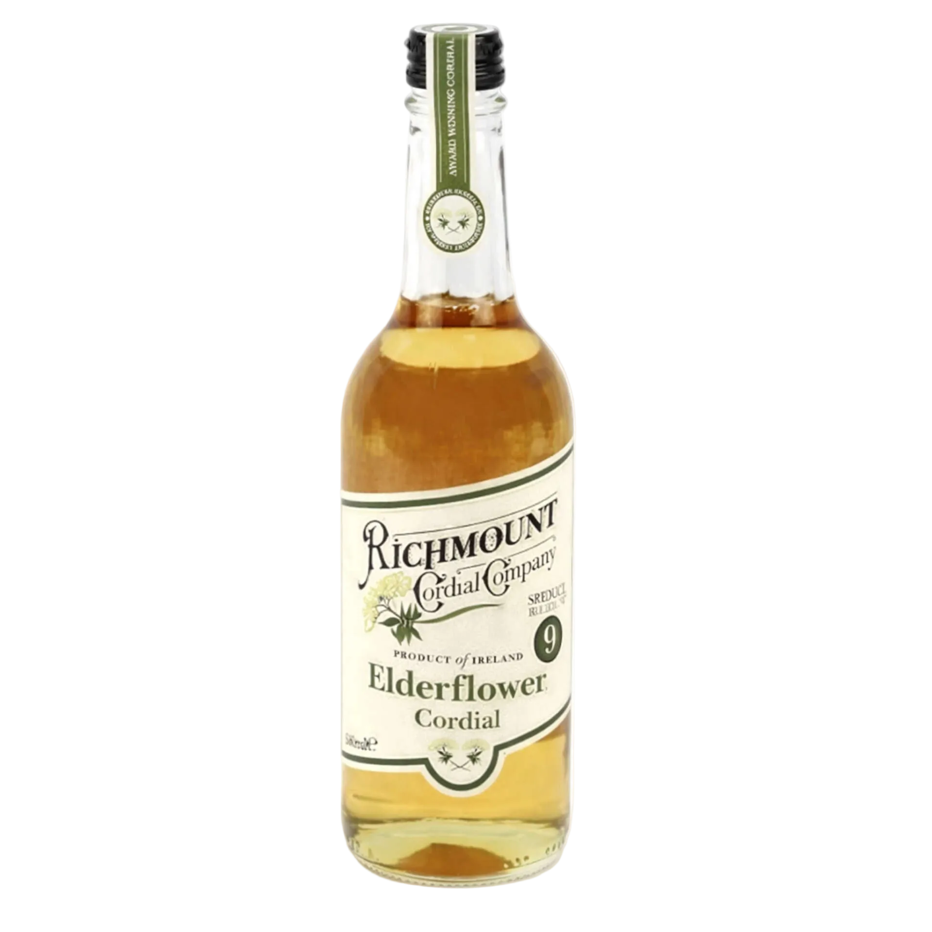 Bottle of Richmount Elderflower Cordial on a white background