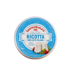 Container of Ricotta cheese with 'Caseificio Valcolatte' label on a white background