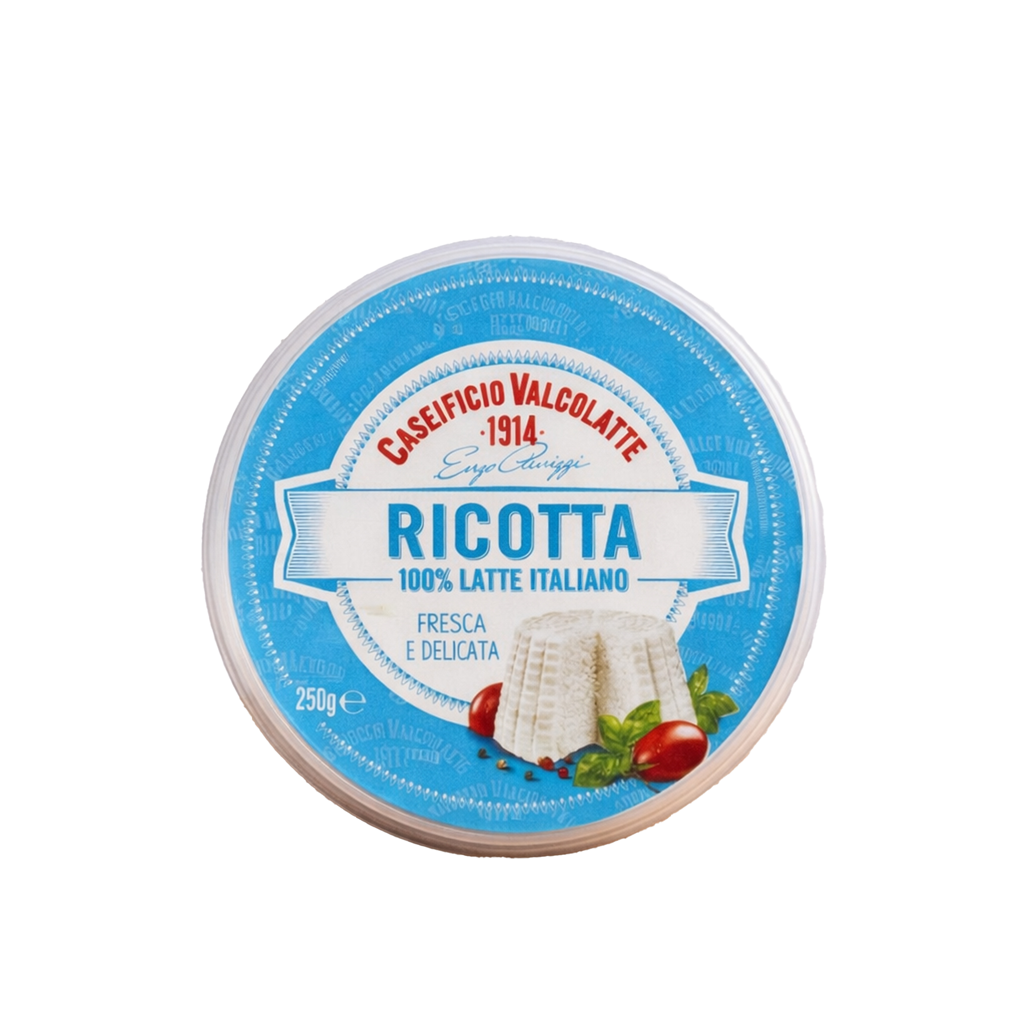 Container of Ricotta cheese with 'Caseificio Valcolatte' label on a white background