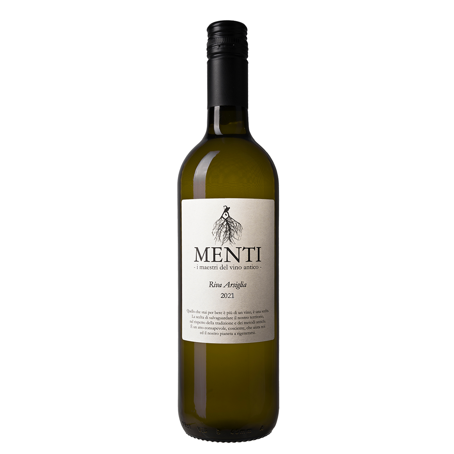 Wine bottle with 'MENTI' label on a white background